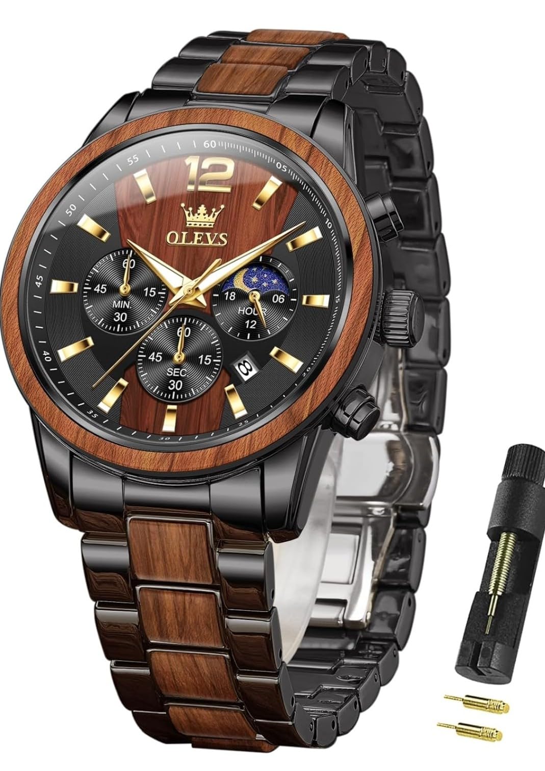 olevs Men's Wood & Steel Chronograph Watch with Moon Phase-picture-34