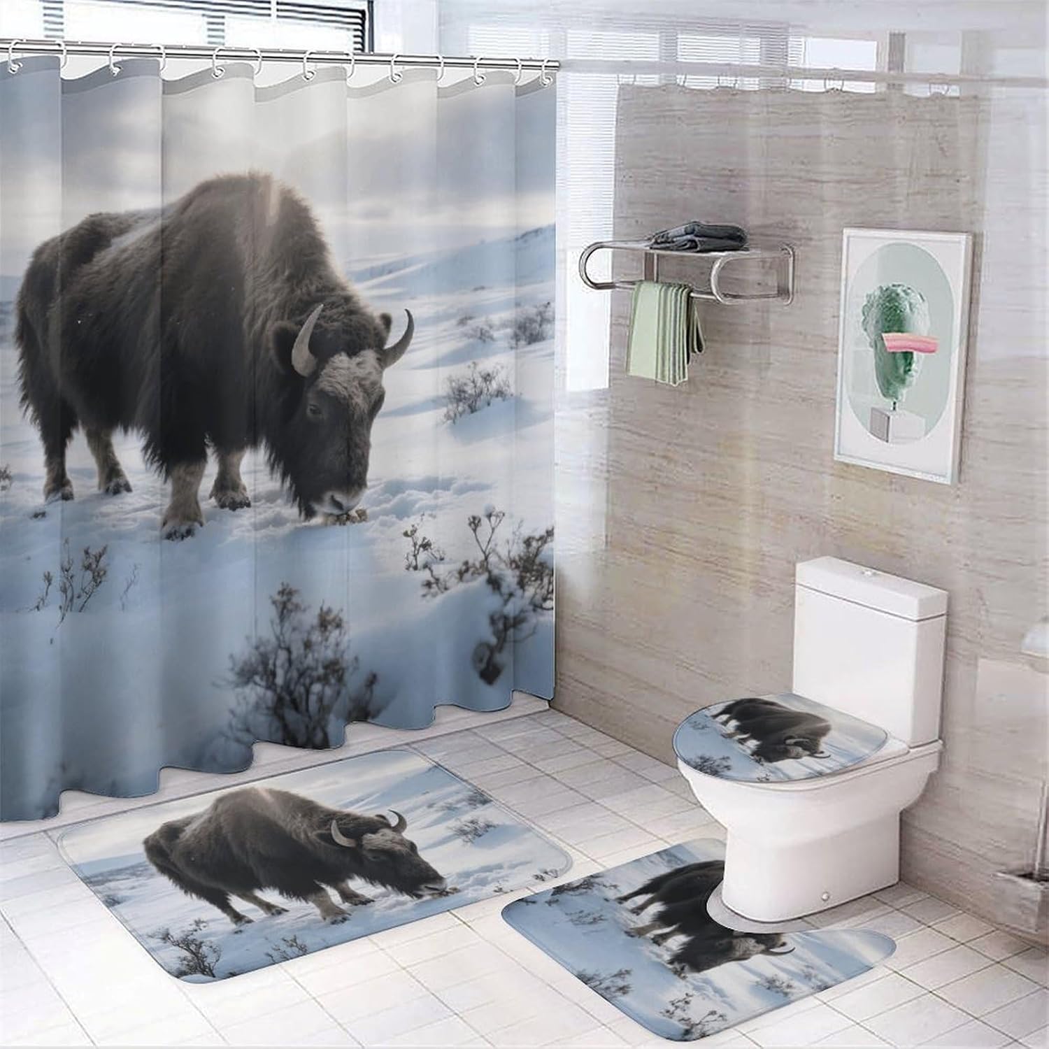 Consuming Cattle Shower Curtain Set 4 Piece, Non-Slip Bath Mat with Toilet Lid Cover and Waterproof Shower Curtain with 12 Hooks, Complete Bathroom Set for Home Decor