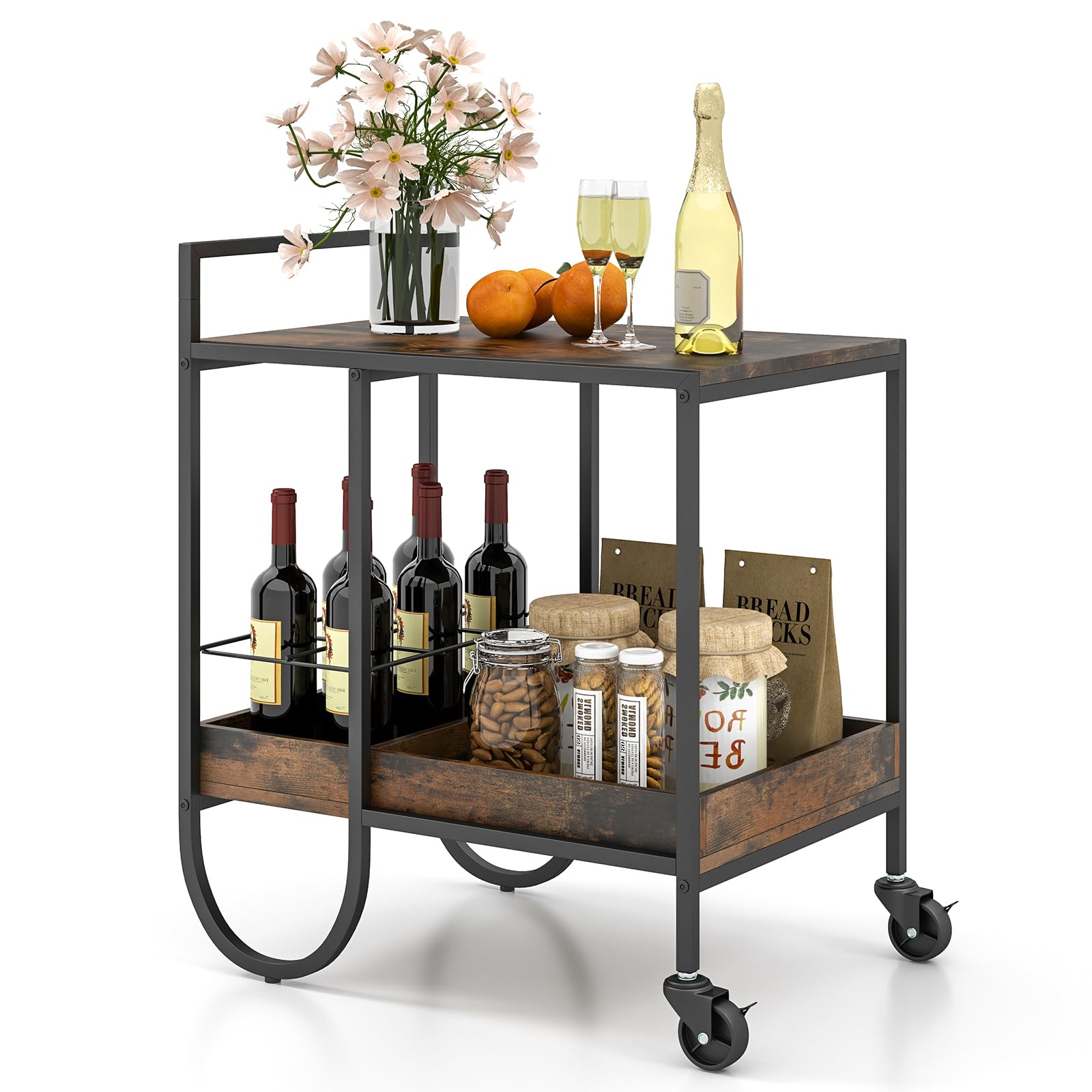TANGZON Serving Cart, 2-Tier Rolling Drinks Trolley with Removable Wine Rack, Lockable Wheels, Handle & Adjustable Foot Pads, Home Bar Cocktail Alcohol Trolley for Kitchen Dinning Room, Rustic Brown