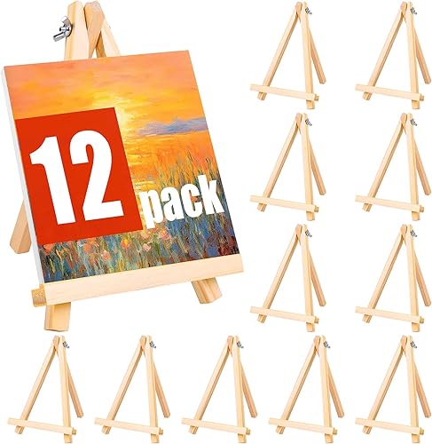 Aneco Paquete de 12 caballetes de mesa para pintar, caballete de pintura de 9.5 pulgadas, soporte de lona de madera natural, marco plegable en forma