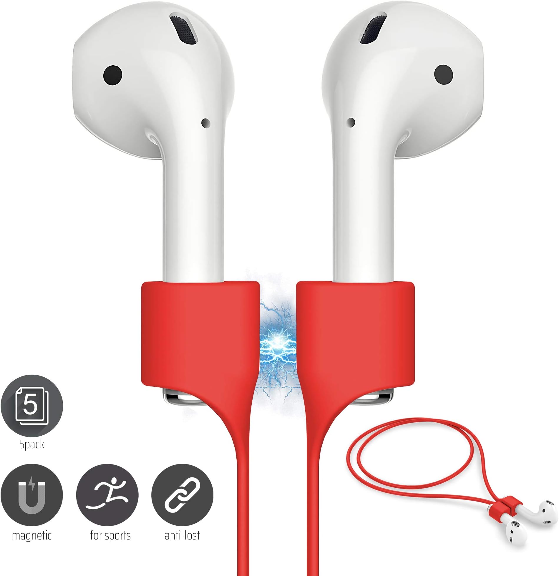 FONY Airpods Strap Magnetic Anti-Lost Cord Sport String Silicone Leash Cable Connector – Accessories for Airpods Pro/2/1 (5 Packs Red)