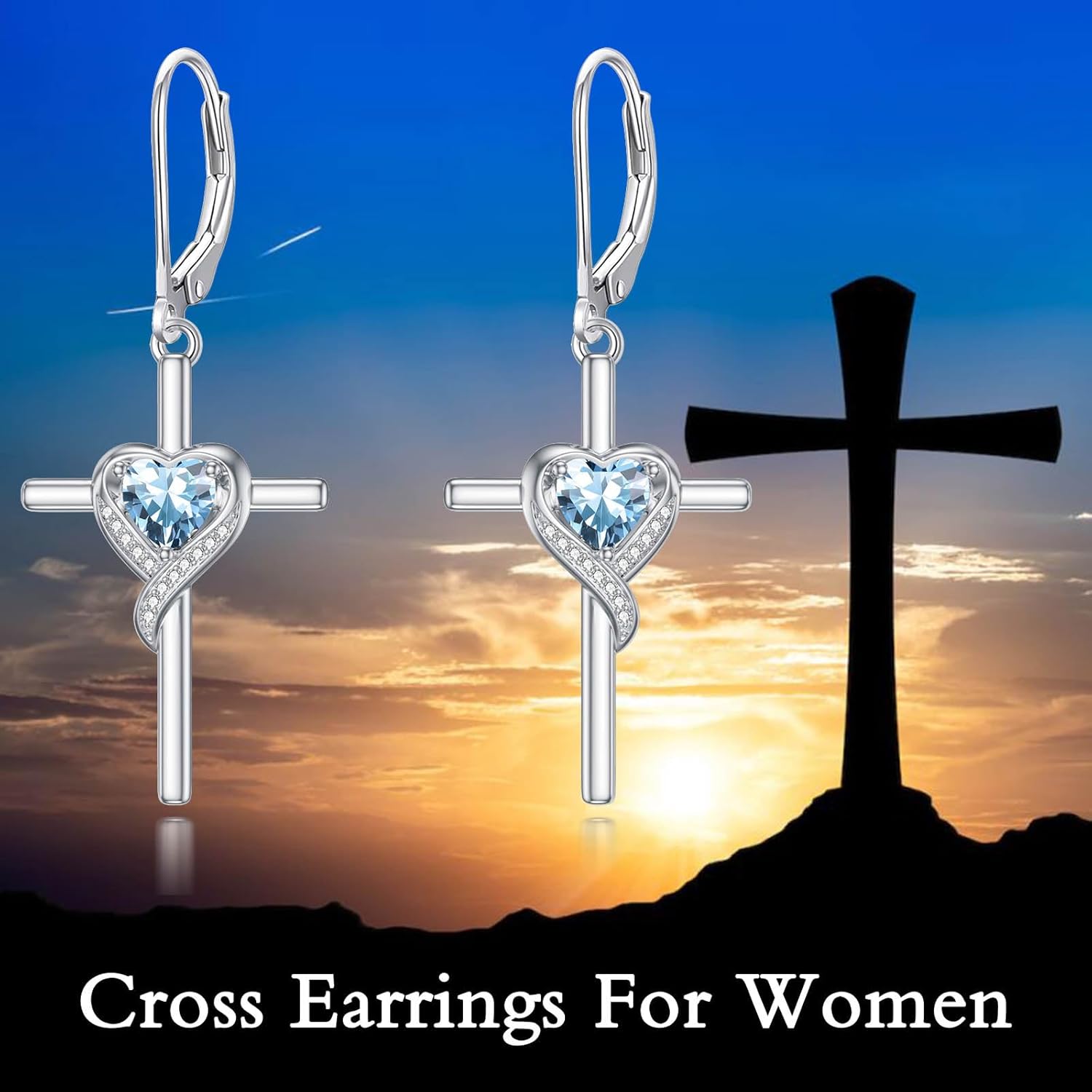 TOUPOP Birthstone Cross Earrings 925 Sterling Silver Heart Cross Drop Dangle Earrings Fine Jewelry Birthday Gifts for Women Her Wife Mom
