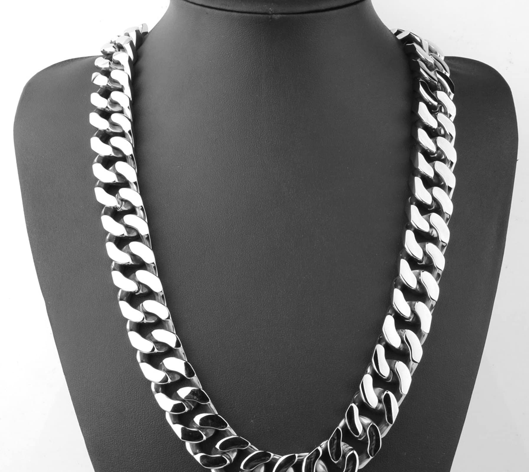 Collar de cadena para hombre, 2,1 cm, acero inoxidable, cadena de eslabones de plata, 77 cm