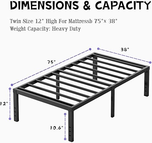 Miniatura 3 de Marco de cama individual de plataforma de 12 pulgadas de alto, marco de cama de metal, no necesita somier, fácil montaje, sin ruido, resistente,