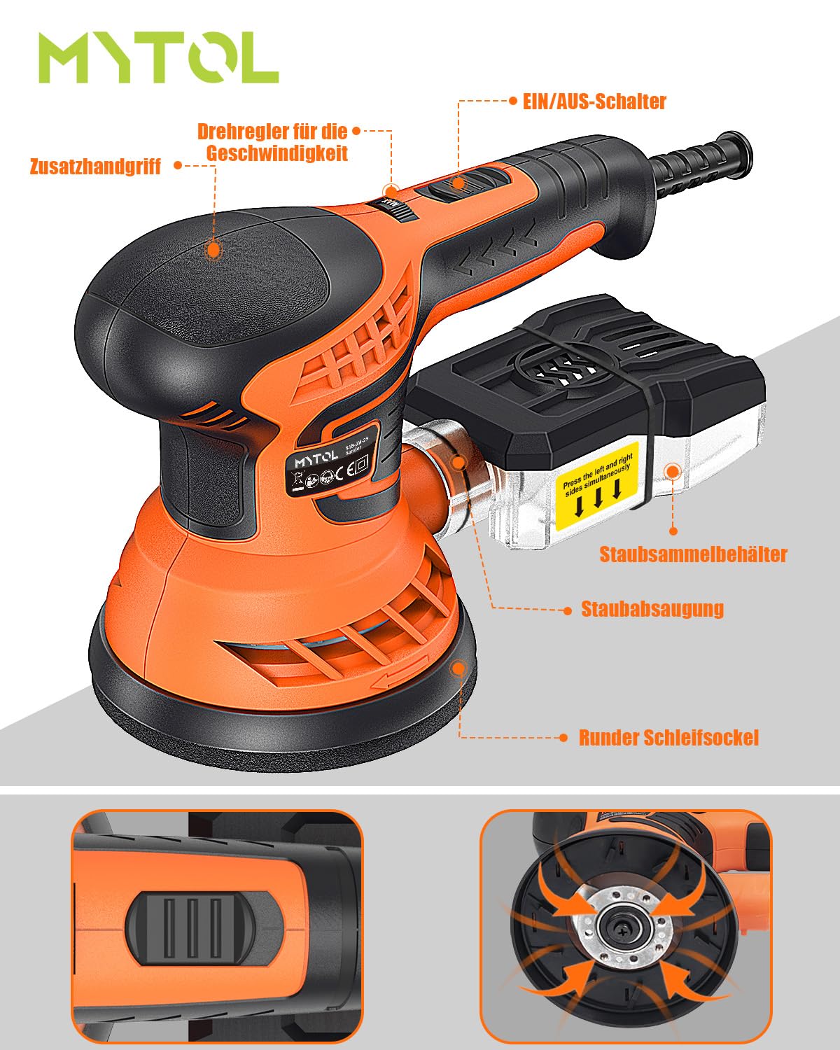 Exzenterschleifer 125mm 350W mit Staubabsaugung | 7-stufig variable Geschwindigkeit 6000-13000 U/min | inkl. 14 Schleifpapieren (2 staubfrei) & Zubehör | Schleifmaschine für Holz, Lack, Auto & Politur