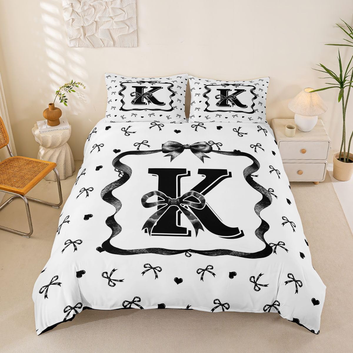 Homewish Czarno-biała kokarda król zestawy poszewek na kołdrę z monogramem K czarne kokardki pościel dziewczęca modna muszka poszewka na kołdrę kawaii kokardka zestaw pościeli