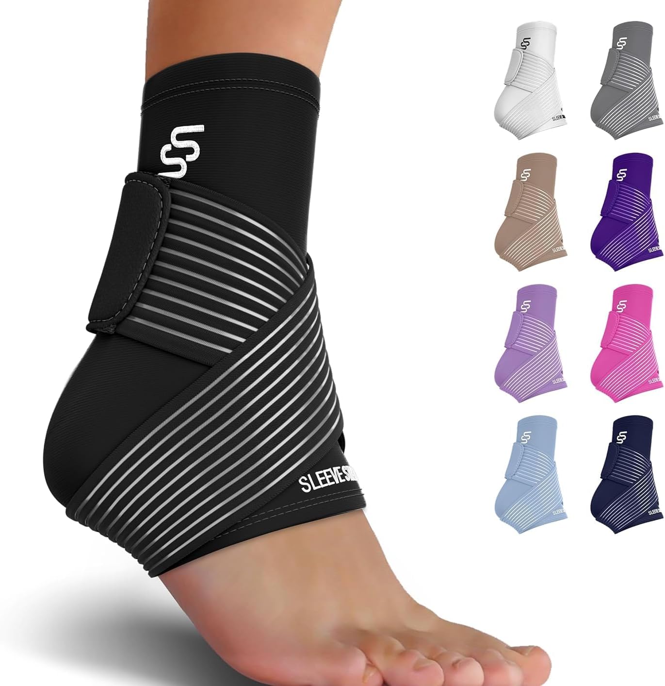 Sleeve Stars Ankle Brace for Women & Men, Ankle Wrap for Sprain, Compression Sleeve for Plantar Fasciitis Relief, Easy Customizable Support: w/Removable Strap (Single/Black)