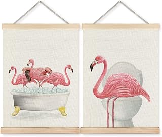 ignytiger Funny Pink Flamingo Wall Art Poster Framed, Flamingo Bathroom Decor, Funny Animals Canvas Wall Art Prints for Bathroom Decor, 12x16 Inches Set of 2
