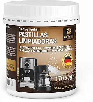170 pastillas limpiadoras Coffeeano Clean&Protect para cafeteras automáticas y cafeteras. Pastillas limpiadoras aptas para todas las marcas y electrodomésticos. Incluye un libro electrónico