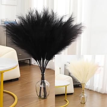 43" Faux Pampas Grass Decor - Black & Beige Artificial Pampas Grass - 10 Count - 38" Tall & Wide - Fluffy & Realistic