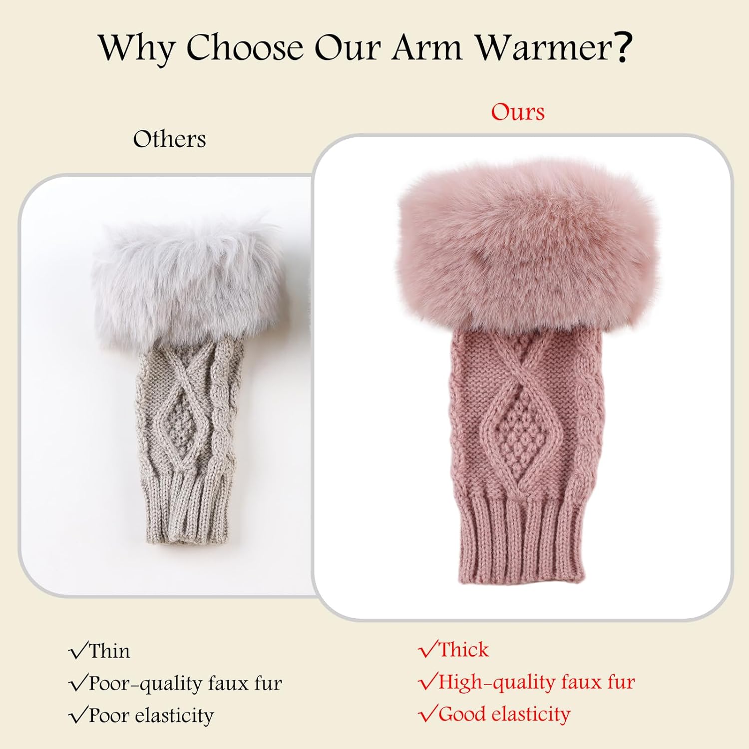 PESAAT Knit Arm Warmers Faux Fur Fingerless Gloves for Women Winter Wrist Warmers with Thumb Hole - Image 4