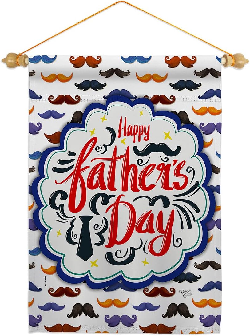 Happy Fathers Day Mustache Garden Flag Set Wood Dowel Family Father Dad Daddy Papa Grandpa Best Parent Sibling Relatives Grandparent Small Gift Yard House Banner Made In USA 13 X 18.5