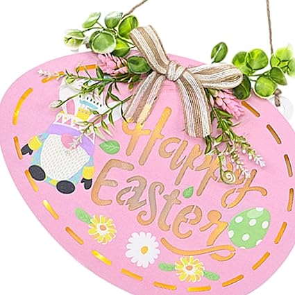 LICHTS Wooden Easter Door Sign Plaque Happy Easter with Light Festival for Window Pink