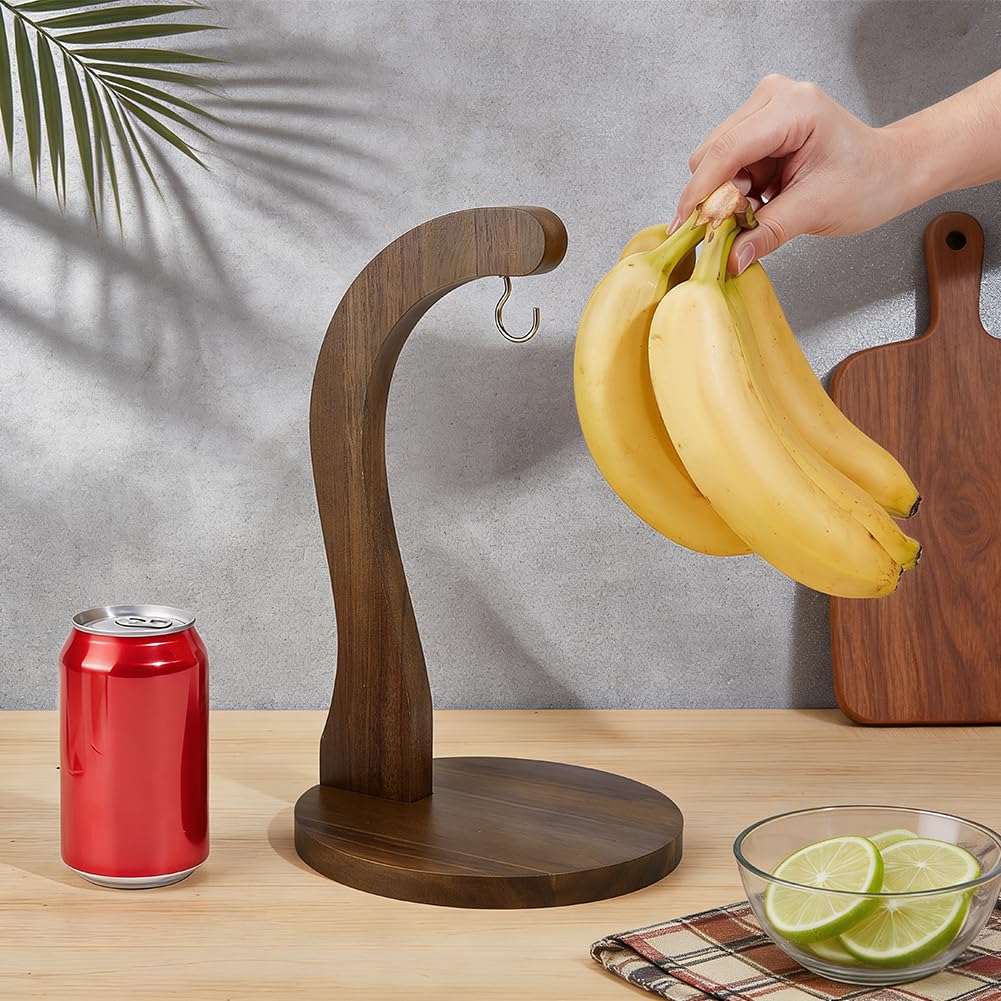 BENECREAT Zweig Akazienholz Bananenhalter mit Metallhaken Obst Aufhänger Ständer Bananen Halter Baum Ständer um Bananen frisch zu halten für Küche