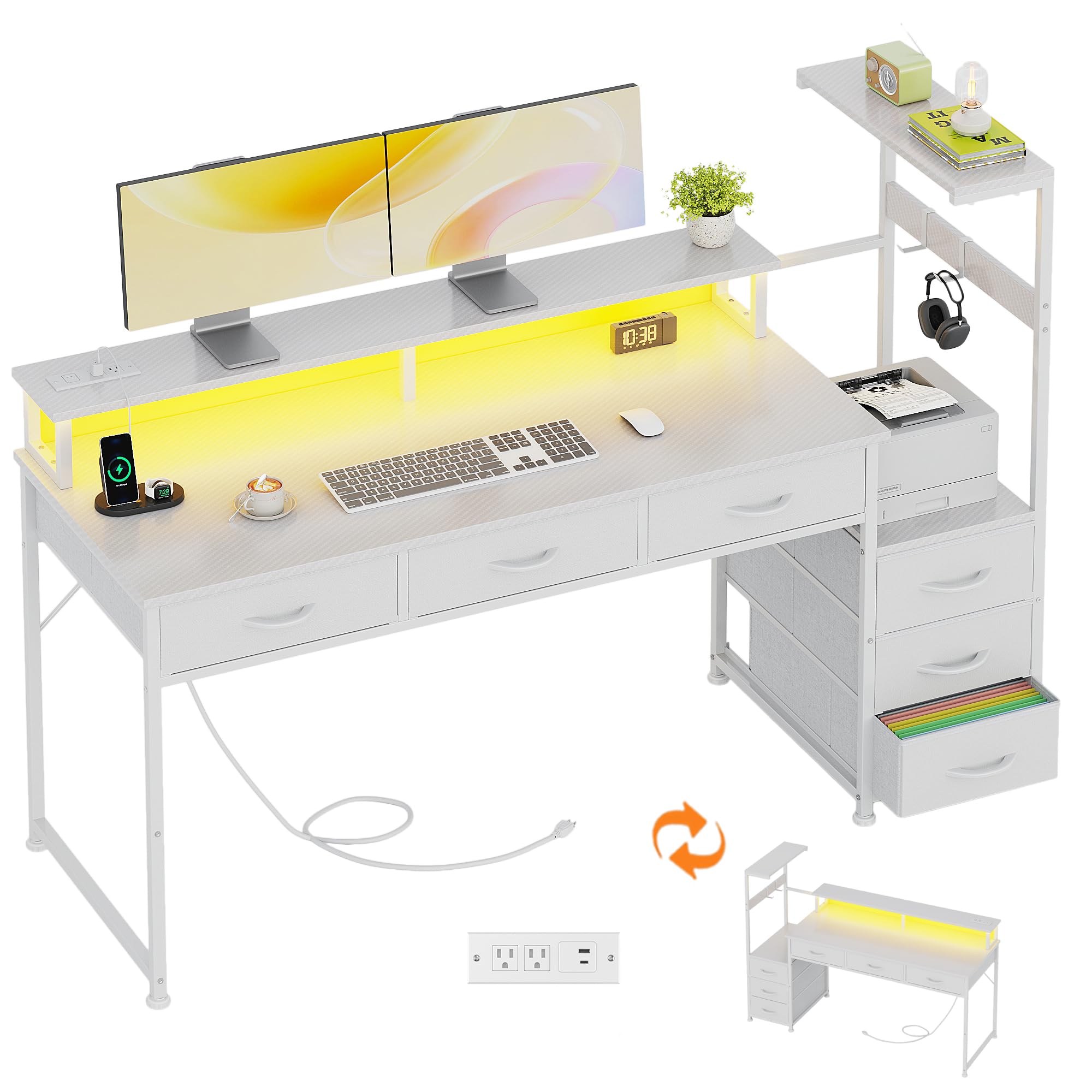 WEMANER 151cm Computer Desk with 6 Fabric Drawers, Reversible Home Office Desk with Printer Cabinet, Writing Desk with Monitor Stand & Power Outlets, Study Table with LED Light, Carbon Fiber White