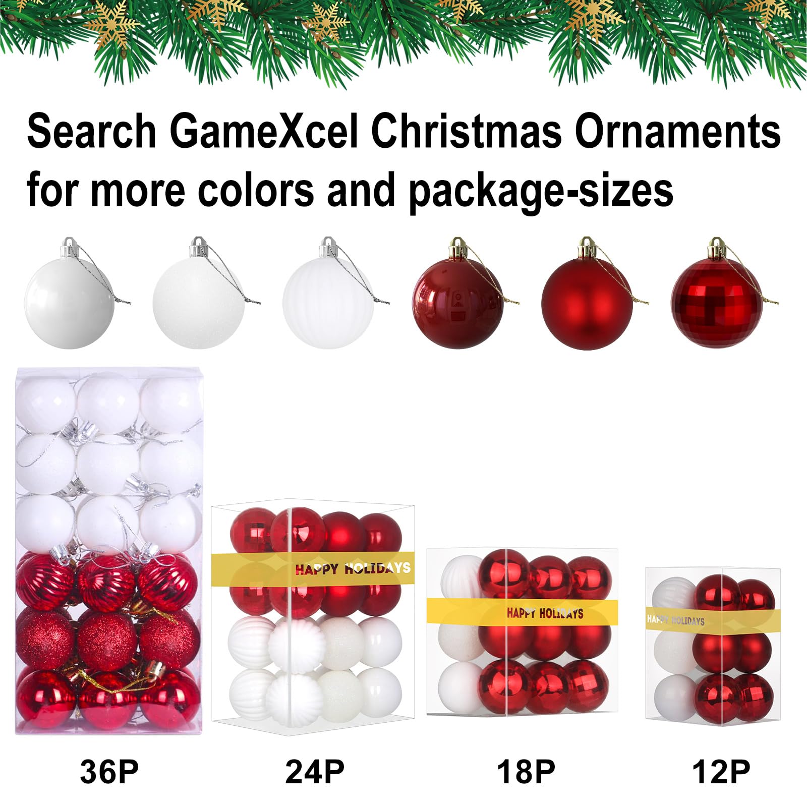 Lot de 24 grandes boules de Noël incassables à suspendre pour anniversaire, Halloween, vacances, mariage (rouge et blanc) - 8,1 cm