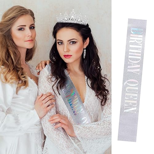 Miniatura 2 de Velscrun Corona y banda de reina de feliz cumpleaños, coronas para mujer, banda de reina de cumpleaños, tiara para cumpleaños, tiaras plateadas y