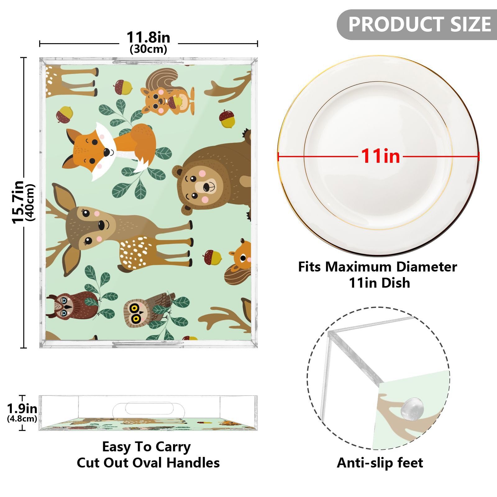 Bandeja transparente de mesa transparente con asas, bandeja decorativa acrílica de 12 x 16 pulgadas, bandeja decorativa de animales personalizados, bandejas impermeables para servir