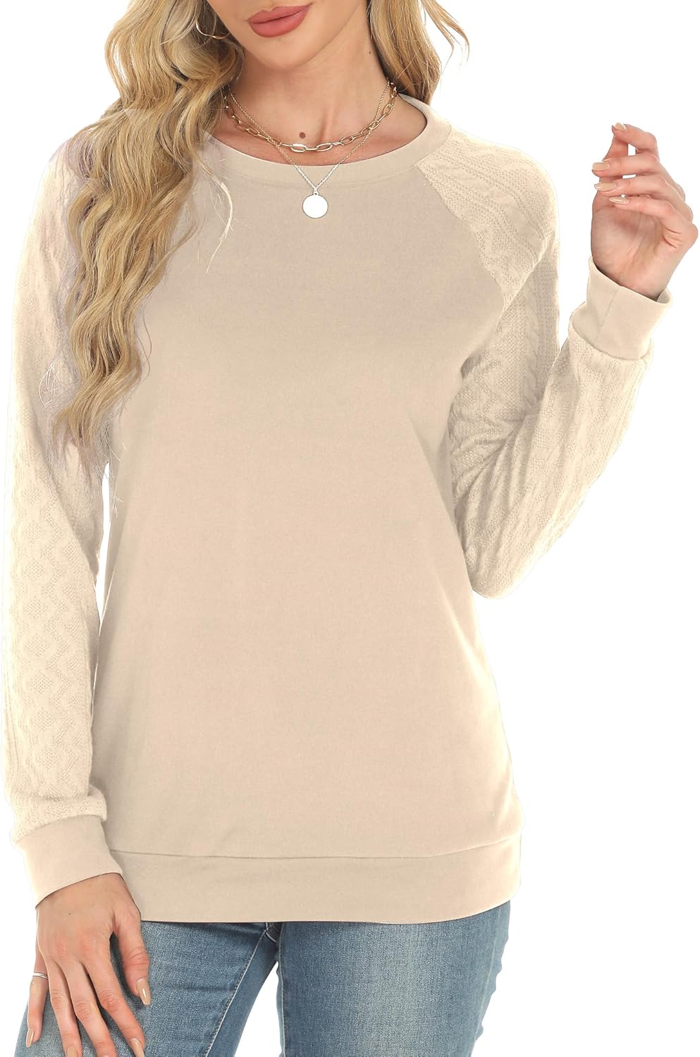 Buauty Womens Sweatshirts Crewneck Cable Knit Sleeve Pullover Sweaters Lightweight Fall Fashion Casual Tunic Tops - Image 2