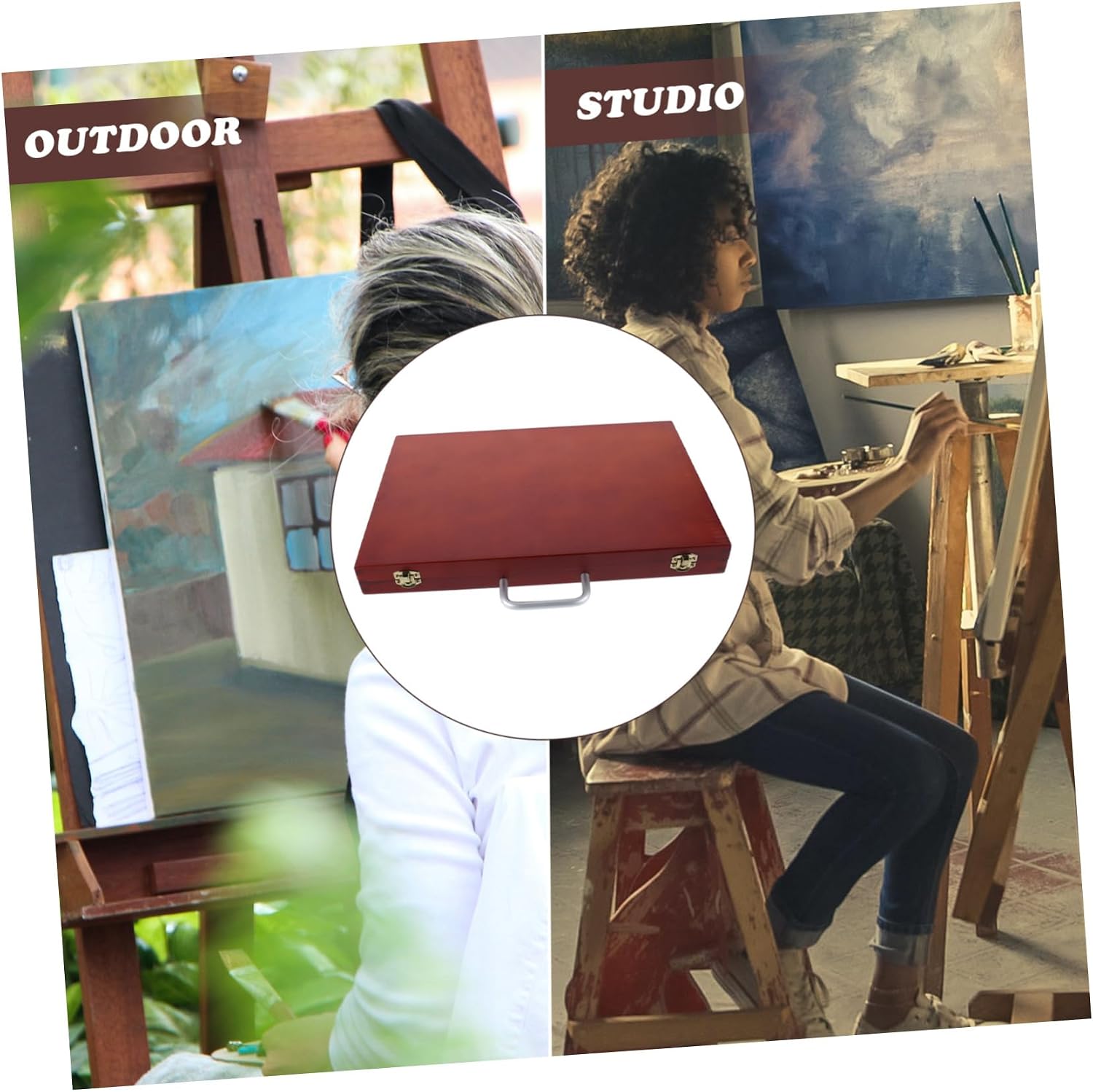 CORHAD Handheld Wooden Painting Storage Box Lightweight Portable Art Supply Organizer for Paint Brushes Multifunctional Drawing Case for Artists and Sketching Tools Walnut Finish