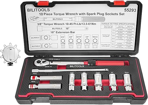 BILITOOLS Llave dinamométrica de clic de 3/8 pulgadas con juego de zócalos de bujía, 10-60 Nm, acero Cr-V