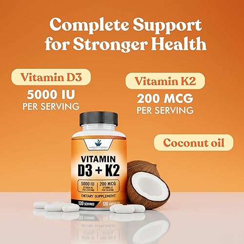 Miniatura 3 de American Standard Supplements Vitamina D3 5000 UI (125mcg) más vitamina K2 (MK7) 200mcg por cápsula - Sin gluten, sin OMG, 120 cápsulas, 120