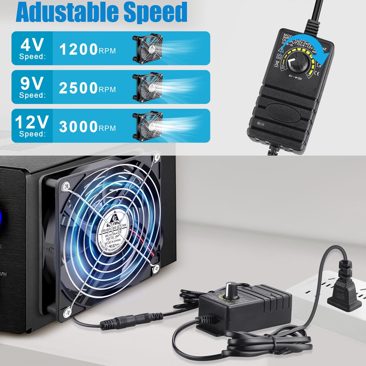 GDSTIME 120mm Waterproof Fan with Speed Controller, IP67 12V Computer Fan with AC Plug, 110V 120V 220V AC Powered Ventilation Exhaust Fans for Receiver Terrarium Biltong Box Grow Tent Cabinet Cooling
