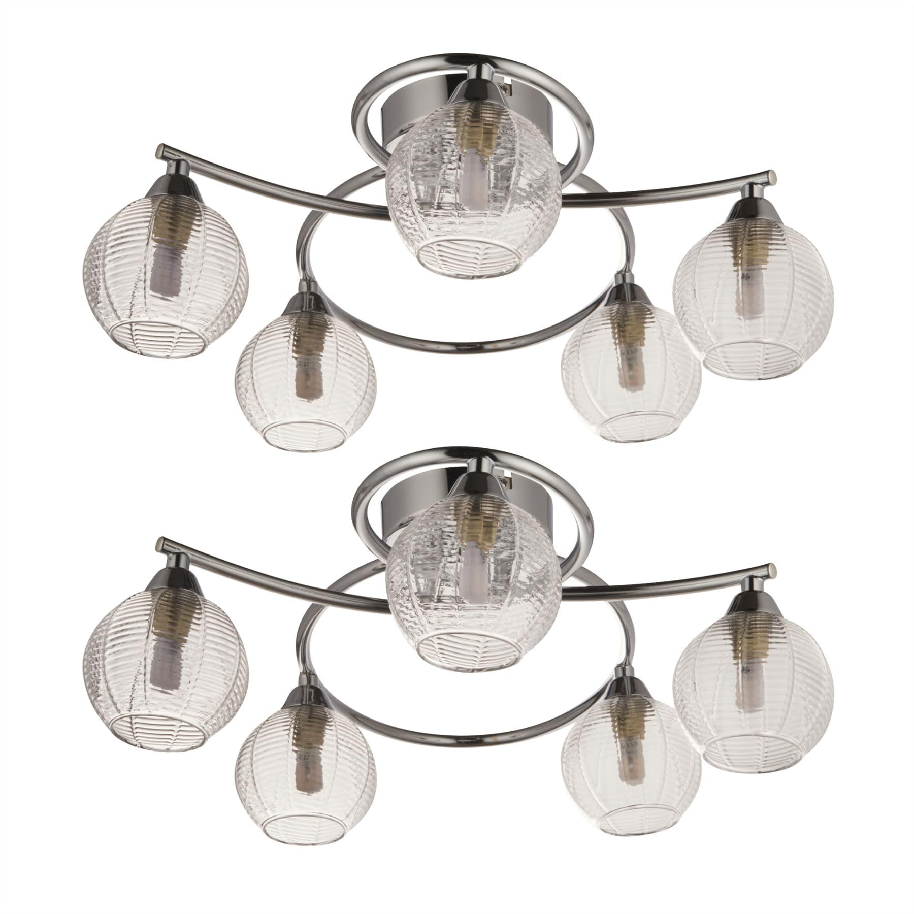 Firstchoicelighting Chrome & Clear Set Of 2 Modern 5 Arm Flush Ceiling Light Fittings Ideal For Low Ceiling, Polished Chrome With Ribbed Glass Shades, Led Compatible.