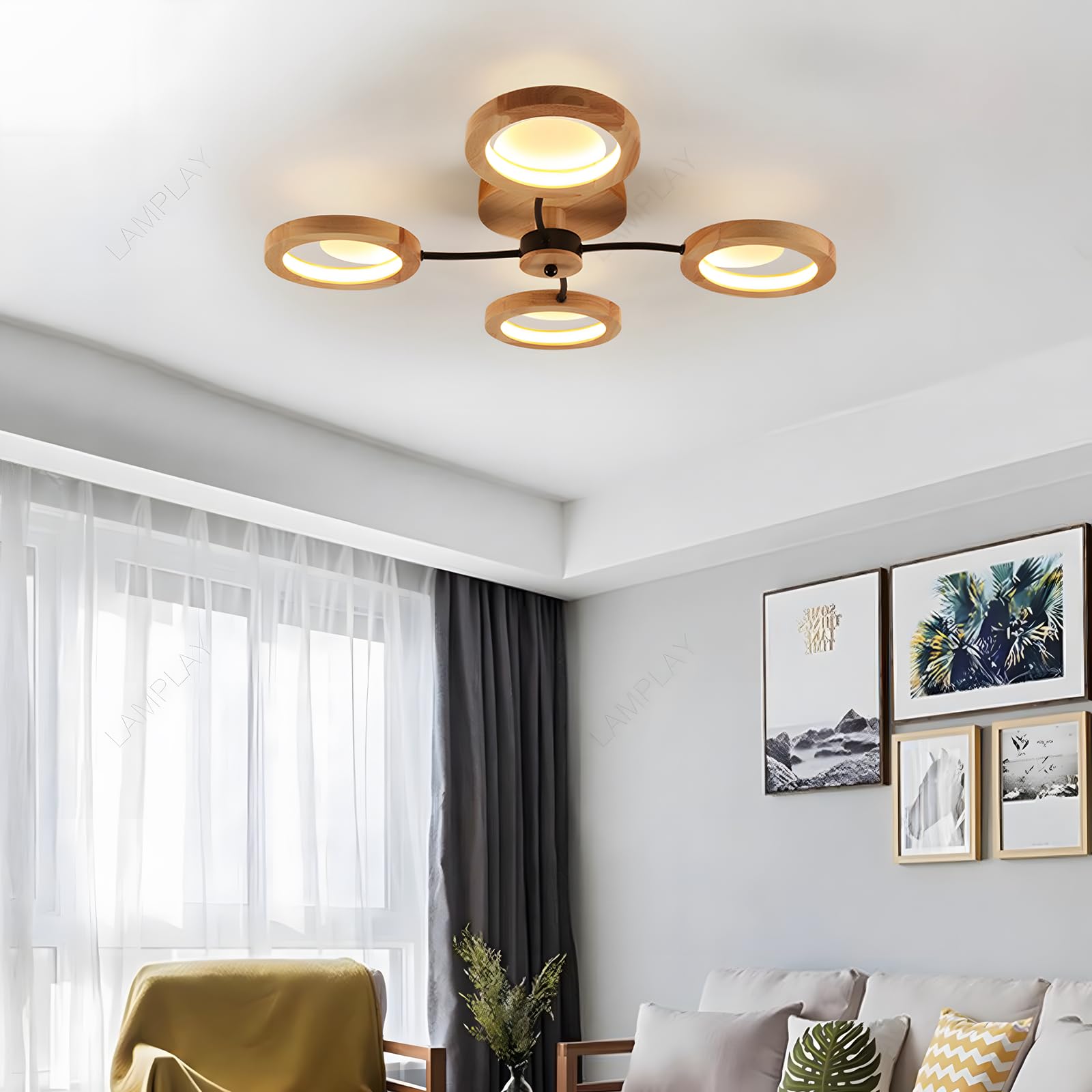 Moderne LED-Deckenleuchte, Ø74cm Kronleuchter Dimmbar Mit Fernbedienung 3000K-6000K, Schwarzer Arm + 4 Holzringe, Metallkreis-Lampenschirm, Wohnzimmer Schlafzimmer Esszimmer Arbeitszimmer Büro