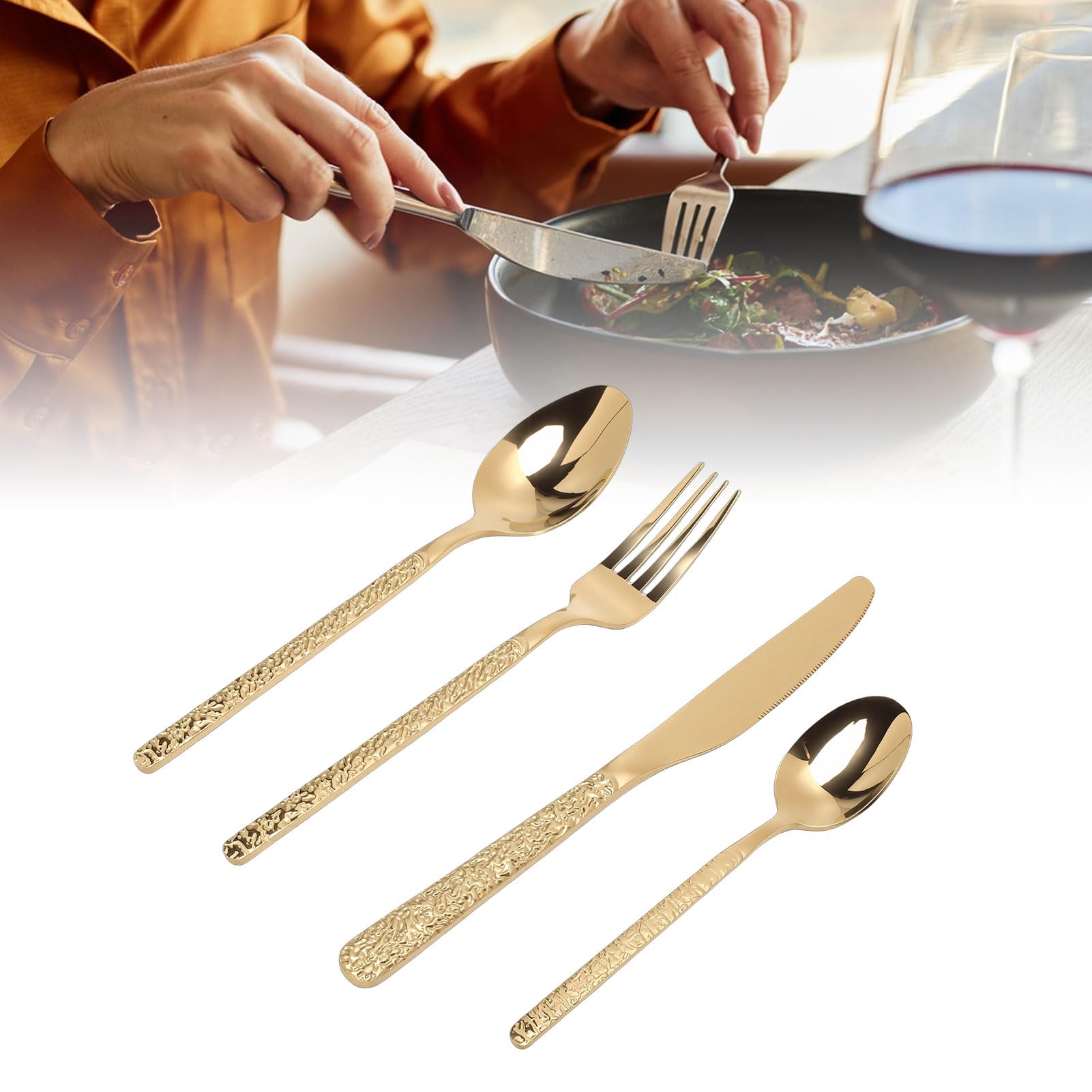 Fdit Juego de Cubiertos para 6 Personas, Juego de Cubiertos de Acero Inoxidable 18/10, de de Cena Pulidos de 24 Piezas para Bodas, Restaurantes, Uso en el Hogar de (Patrón De Piedra Oro)