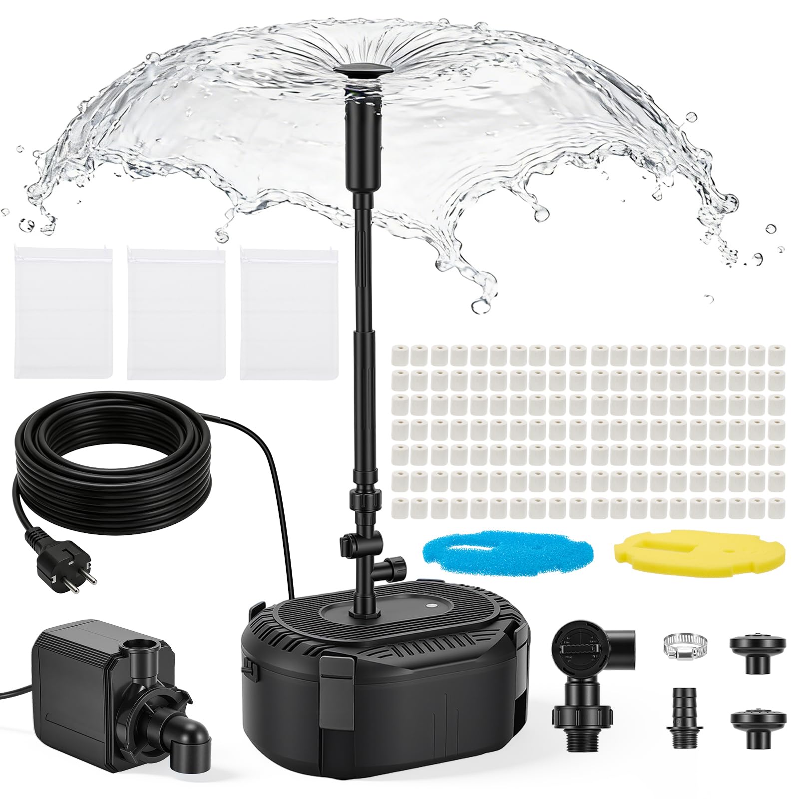 Teichpumpe mit Filter 3000L/H – Teichfilter komplettset mit Pumpe 40W, 3 Springform-Düsen (Glocke/Vulkan/Gänseblümchen), mehrstufige Filterung für klares Wasser – Teichpumpe für Außen