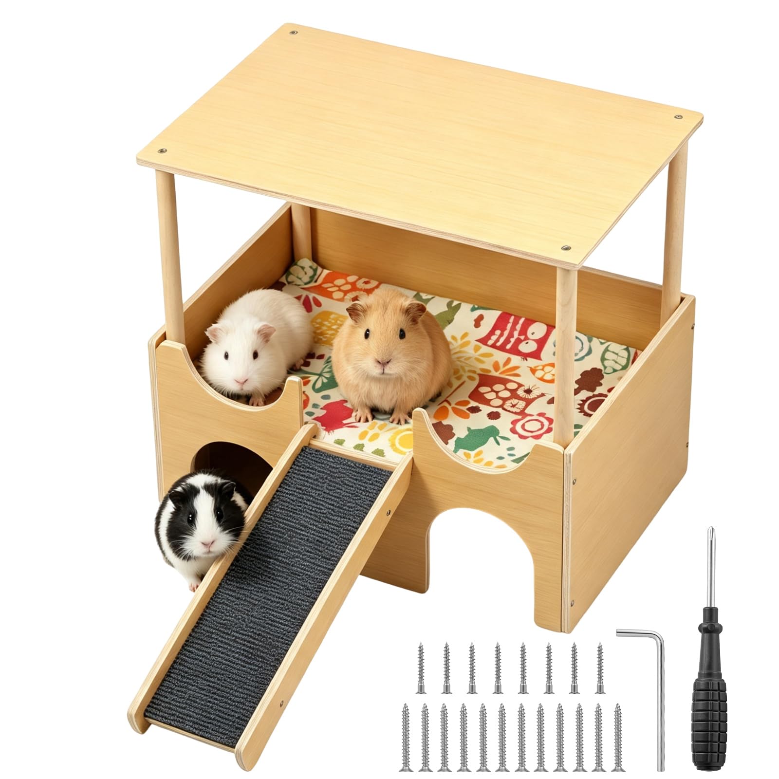 Wooden Guinea Pig Hideout 2 Tier Castle with Felt Ramp Washable Cushion