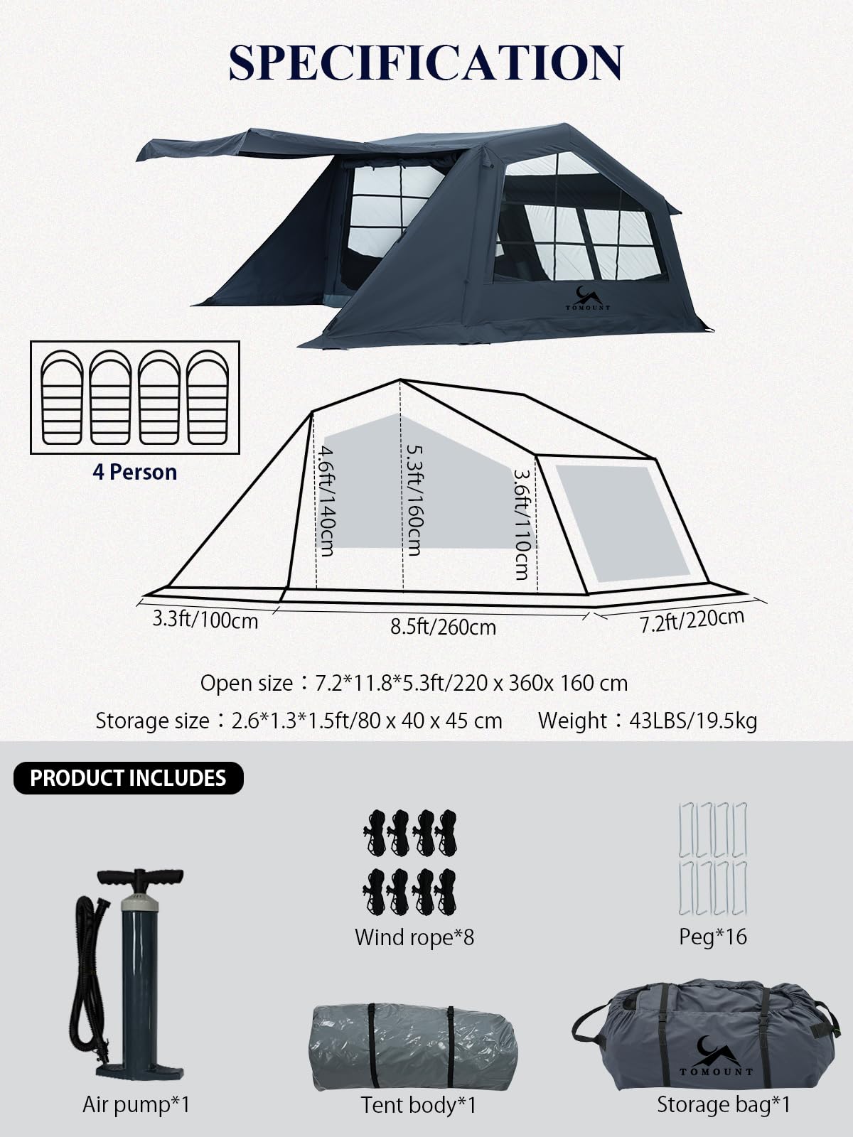 TOMOUNT Tente gonflable pour 6 personnes Tente de camping Tente d'été pour le jardin, tente cloche avec sac de rangement et pompe à air pour camping en plein air, randonnée