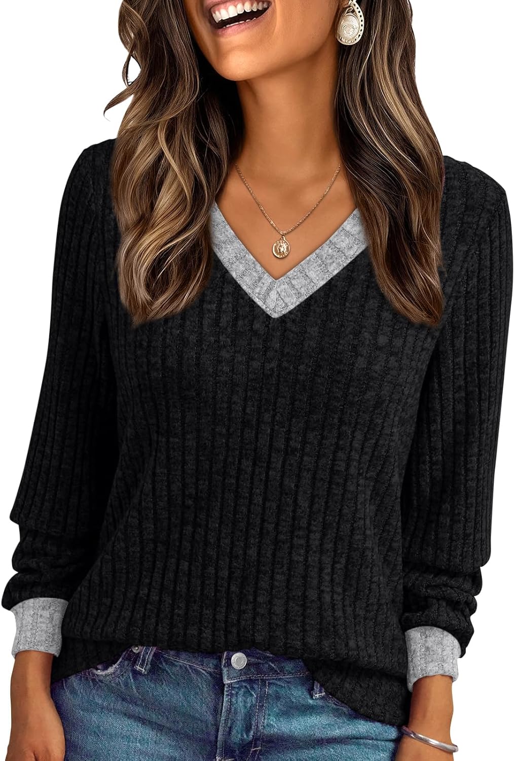 AUTOMET Womens V Neck Long Sleeve Shirt Fall Fashion Tops Tunic Dressy Casual Sweater Clothes Cute Trendy Work Outfits 2026