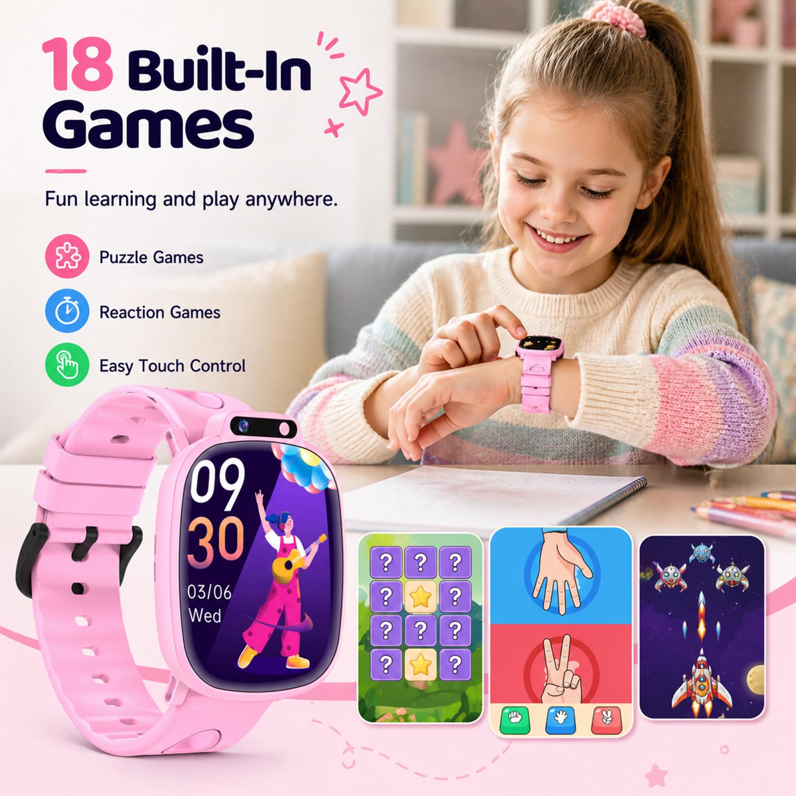 Montre Connectée Enfants avec 1,9 Pouces, 18 Jeux, Suivi du Sommeil, Podomètre, Appareil Photo, Lampe Torche, Smartwatch Enfant pour Garçons, Filles et Adolescents sans App ni Carte SIM