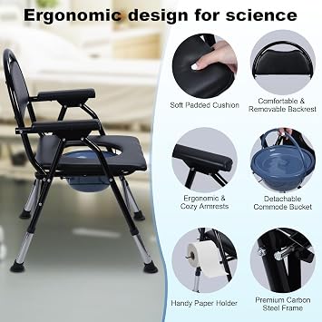 Portable Toilet, Folding Bedside Commode Chair for Adults, Extra Wide Seat with Backrest, 5-Level Adjustable Height, Detachable Commode Bucket with Paper Holder for Home Care 150kg Capacity