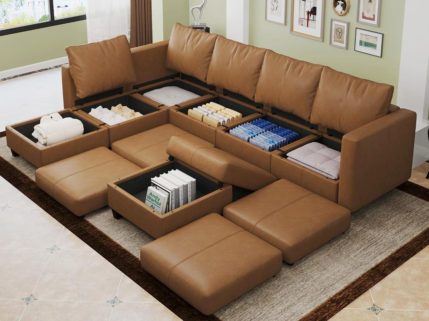 EASE MOOSE Leather Sectional L Shaped Sofa with Storage Ottomans, Modualr Couch Faux Leather Sofa, Brown