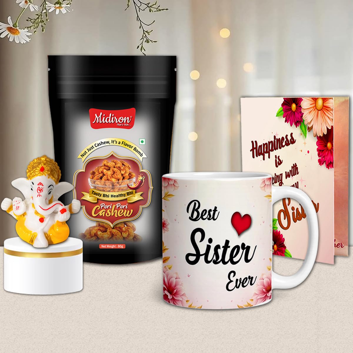 Midiron Elegant Sister Gift Collection | Decorative Ganpati Idol, Gourmet Cashews, Ceramic Coffee Mug and Greeting Card-image-17