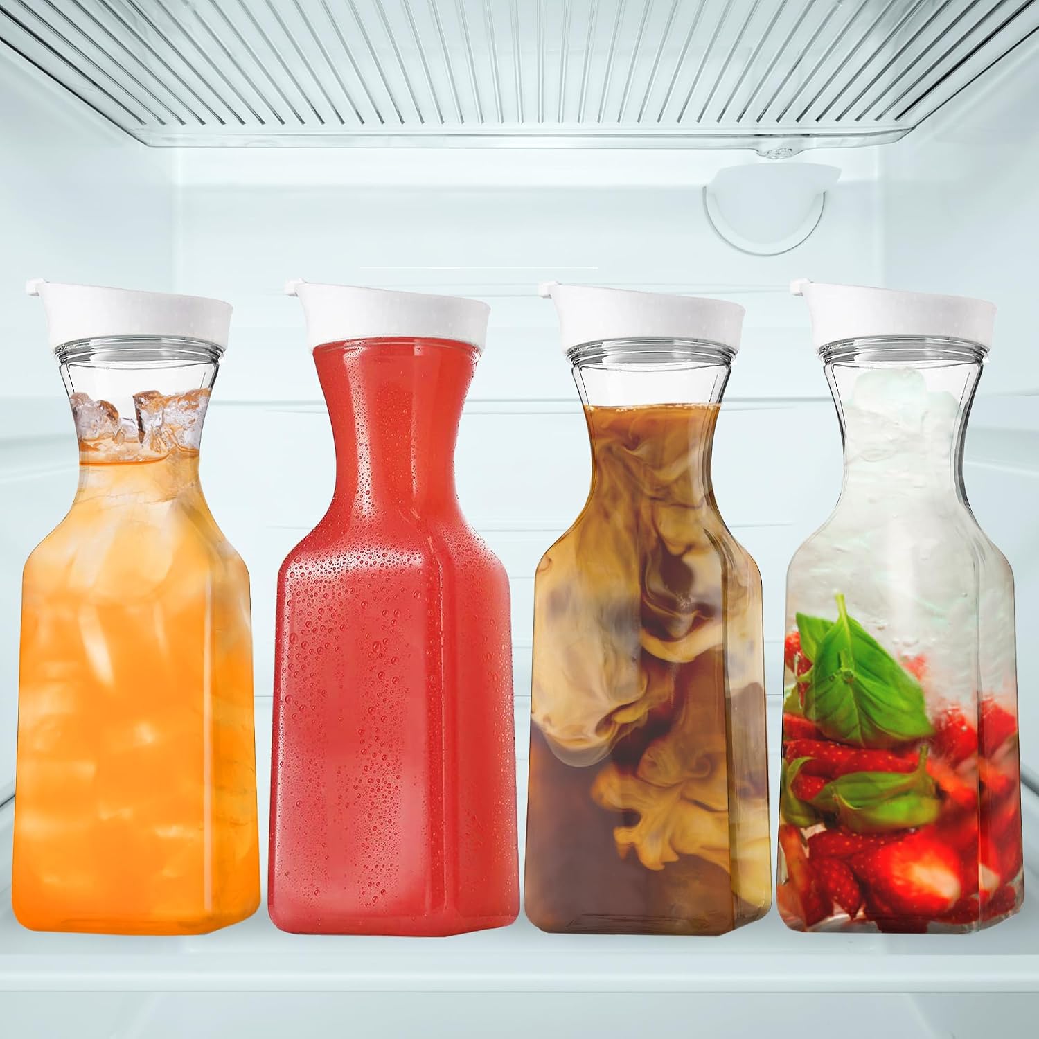 DilaBee Plastic Water Pitcher With Lid - Square Carafe Pitchers for Drinks, Milk, Smoothie, Iced Tea, Mimosa Bar Supplies - BPA-Free - NOT DISHWASHER SAFE (4-Pack, 32 Ounce)