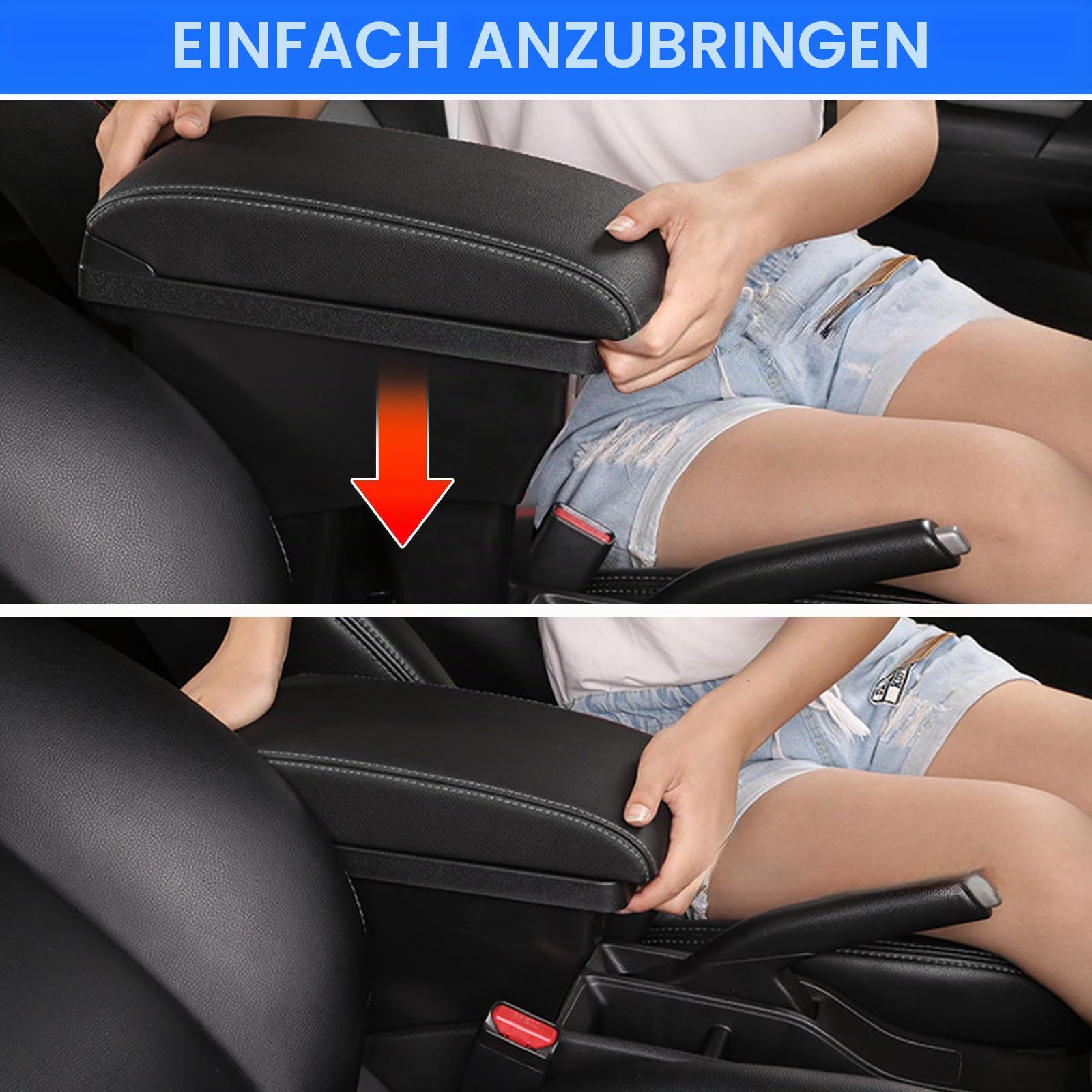 Mittelarmlehne Box Kompatibel mit VW Polo 2019-2024 | Armlehnenbox mit Doppelschicht-Aufbewahrung, 3 USB-Anschlüssen, schwarzem Leder und weißen Linien.