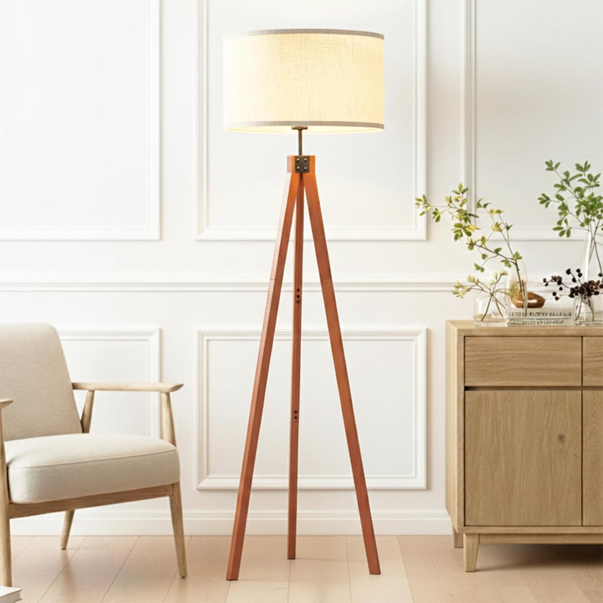 Eden Tripod Floor Lamp, Dimmable Standing Lamp with Solid Wood Legs for Bedroom Reading, Tall Tree Lamp for Offices, Modern LED Lamp for Living Rooms, Great Living Room Decor - Havana Brown