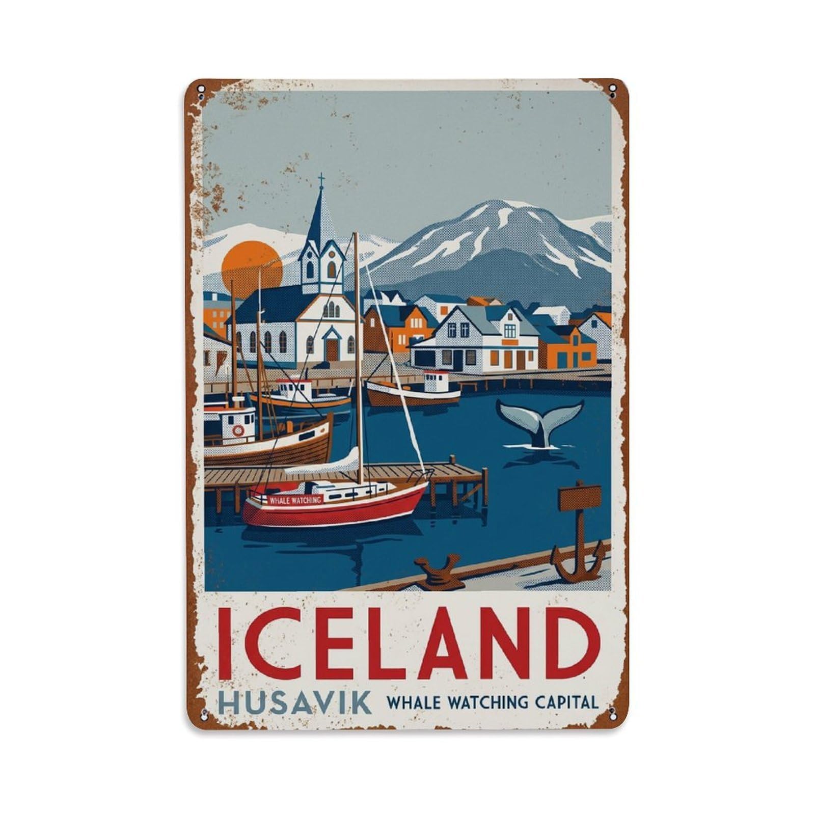 Vintage Travel Husavik Iceland Capital Metal Tin Sign Plaque Wall Decor for Cafe, Club Bar, Office, Home Garden Metal Poster 8x12Inch