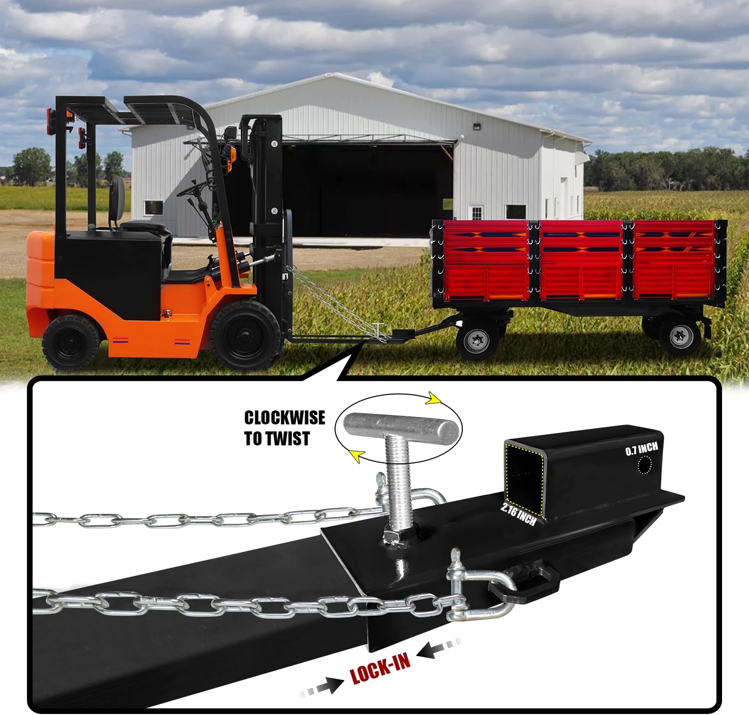 2" Forklift Trailer Hitch Receiver Attachment Pallet Forks Towing Adapter with Chain (Black)