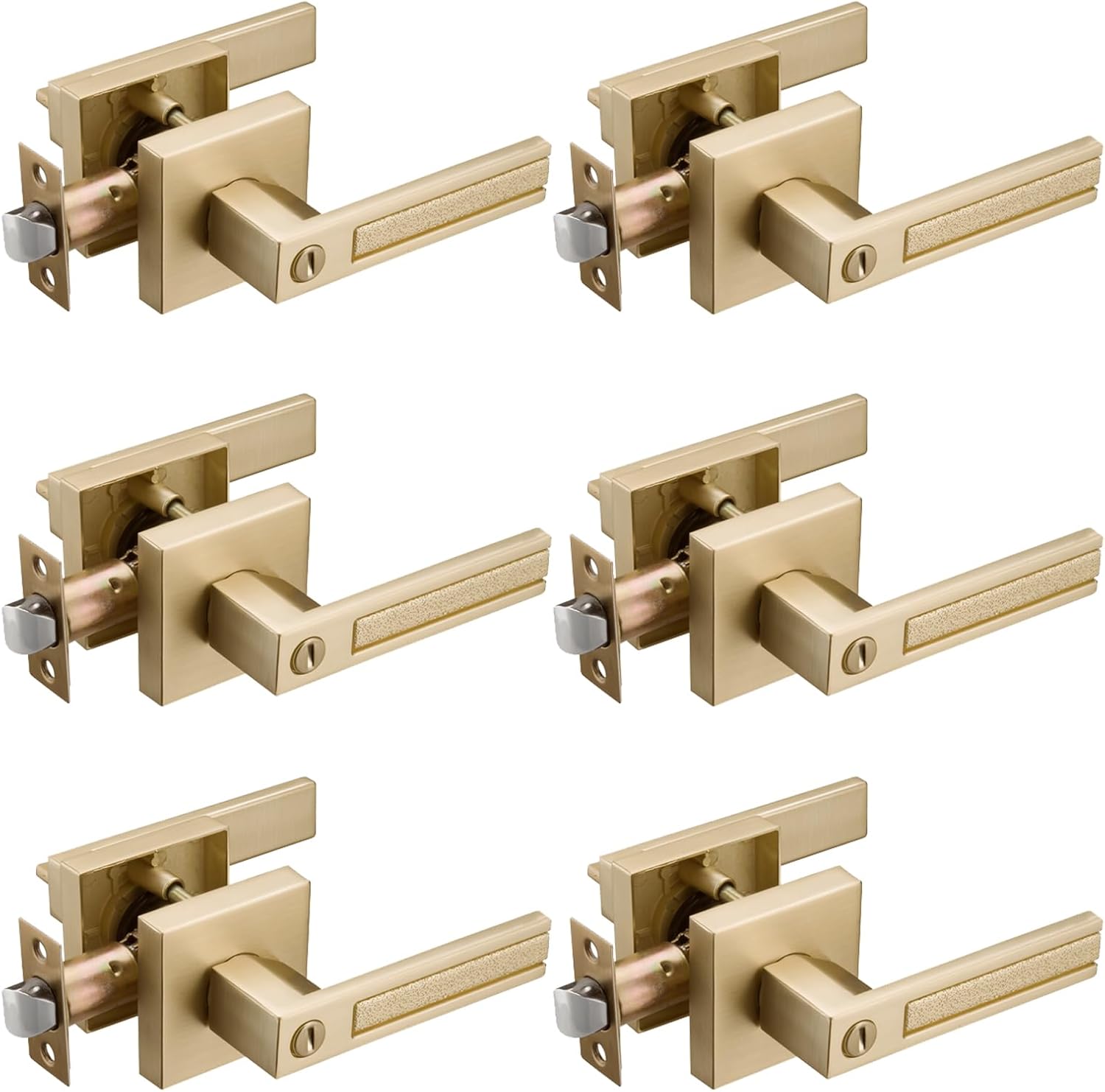 6 Pack Gold Privacy Door Handles, Interior Door Knobs for Bed and Bath, Heavy Duty Door Lever Satin Brass