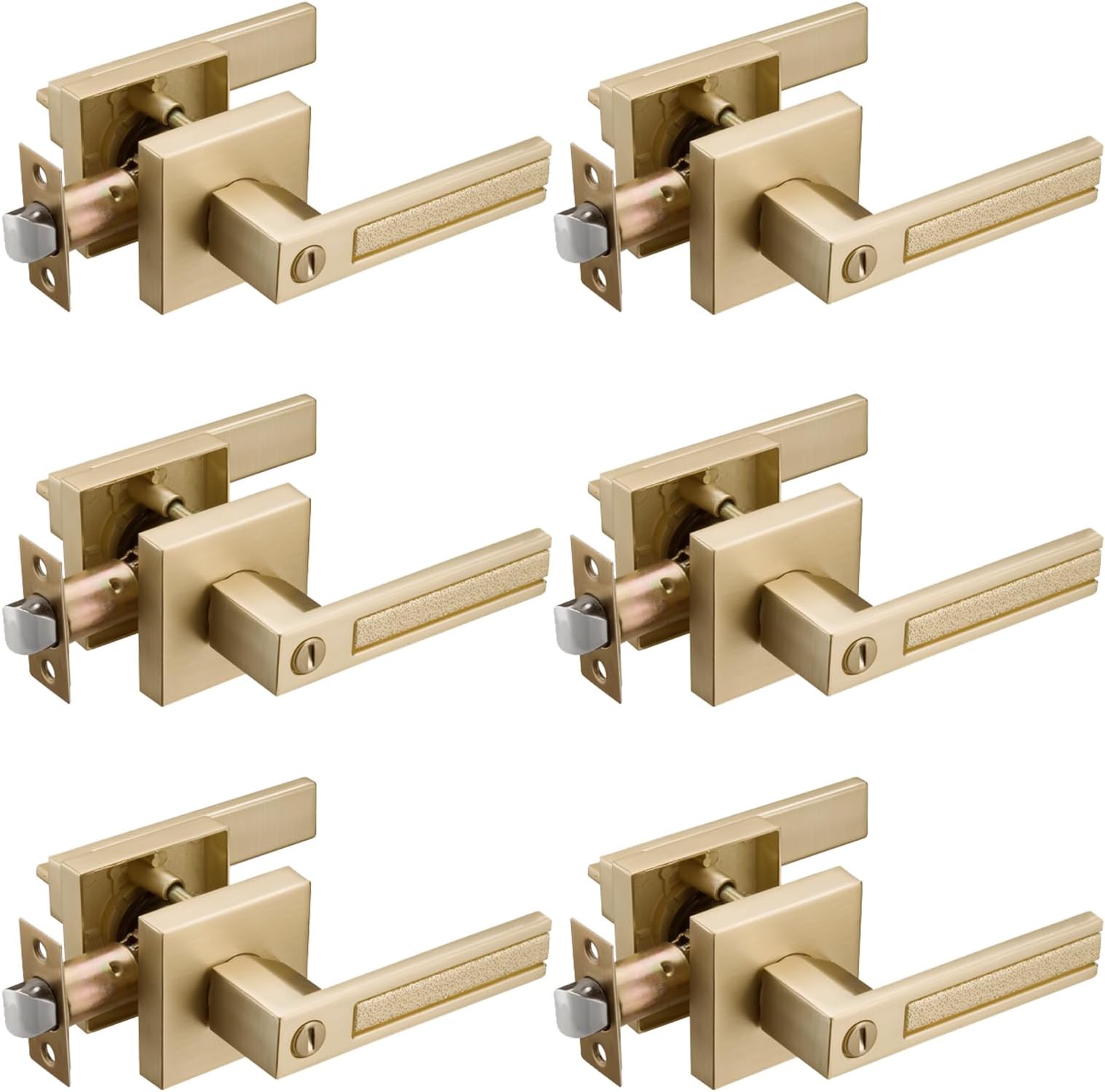 6 Pack Gold Privacy Door Handles, Interior Door Knobs for Bed and Bath, Heavy Duty Door Lever Satin Brass