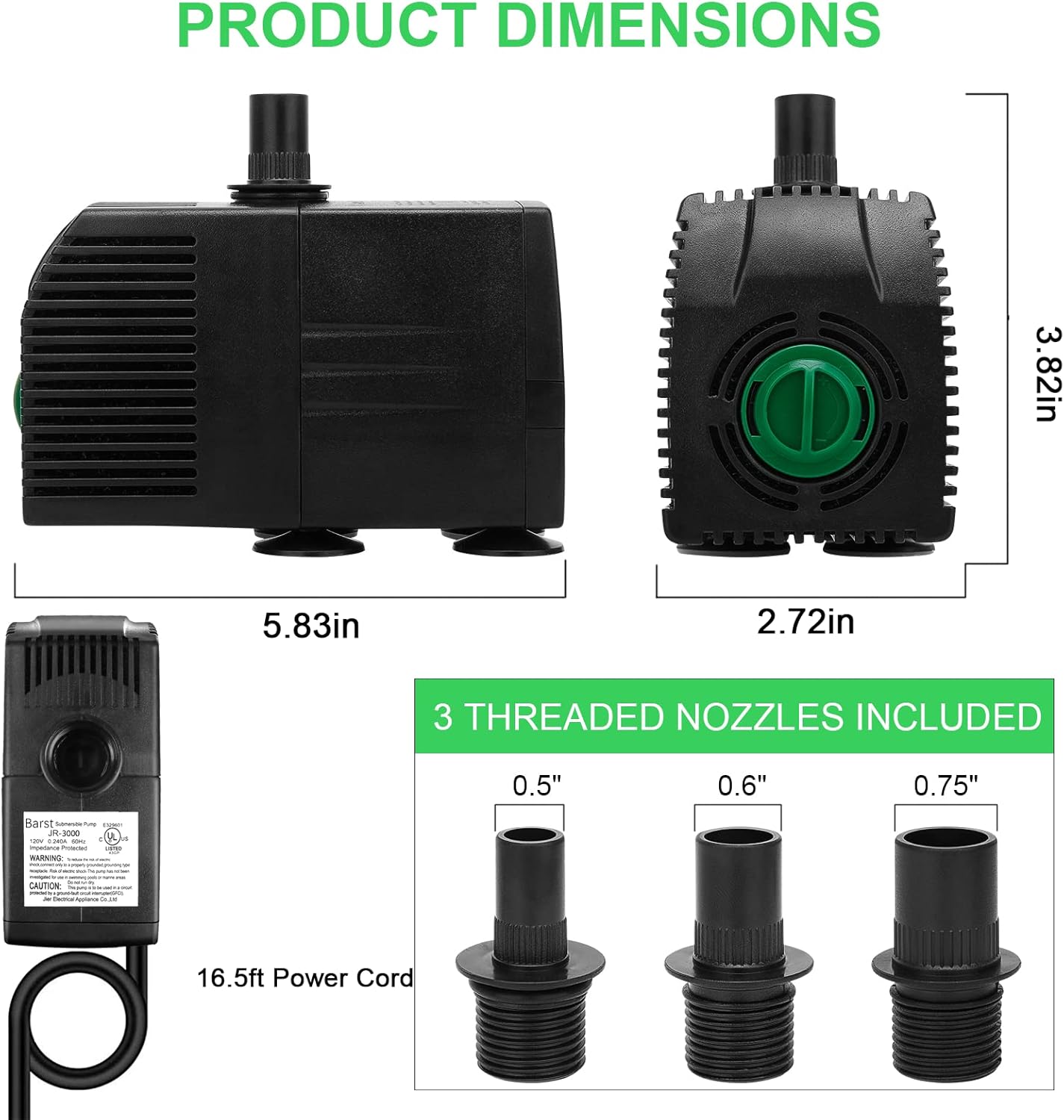 BARST Submersible Water Pump,800GPH Pond Pump with 16.5ft Power Cord, Aquarium Pump Fountain Pump with 3 Nozzles & Pre-Filter Screen for Fish Koi Tank,Outdoor, Hydroponics(3000L/H,60W)