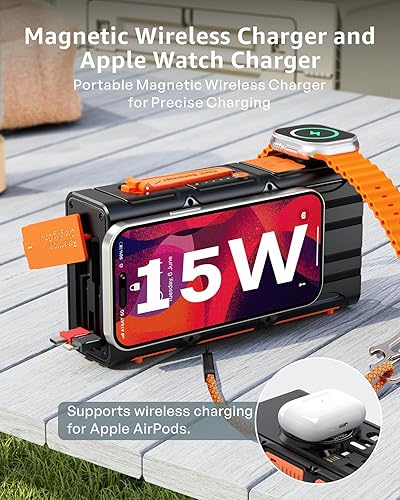 Miniatura 3 de Banco de energía solar, carga inalámbrica magnética doble, 2 cables retráctiles integrados y manivela y carga rápida de 22.5 W, linternas