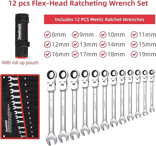 Miniatura 2 de Towallmark 12 Pieces Flex-Head Ratcheting Combination Set, Metric 9-18mm, 72-Teeth Wrench Set, Cr-V Steel Ratchet Wrenches Set with Storage Bag,
