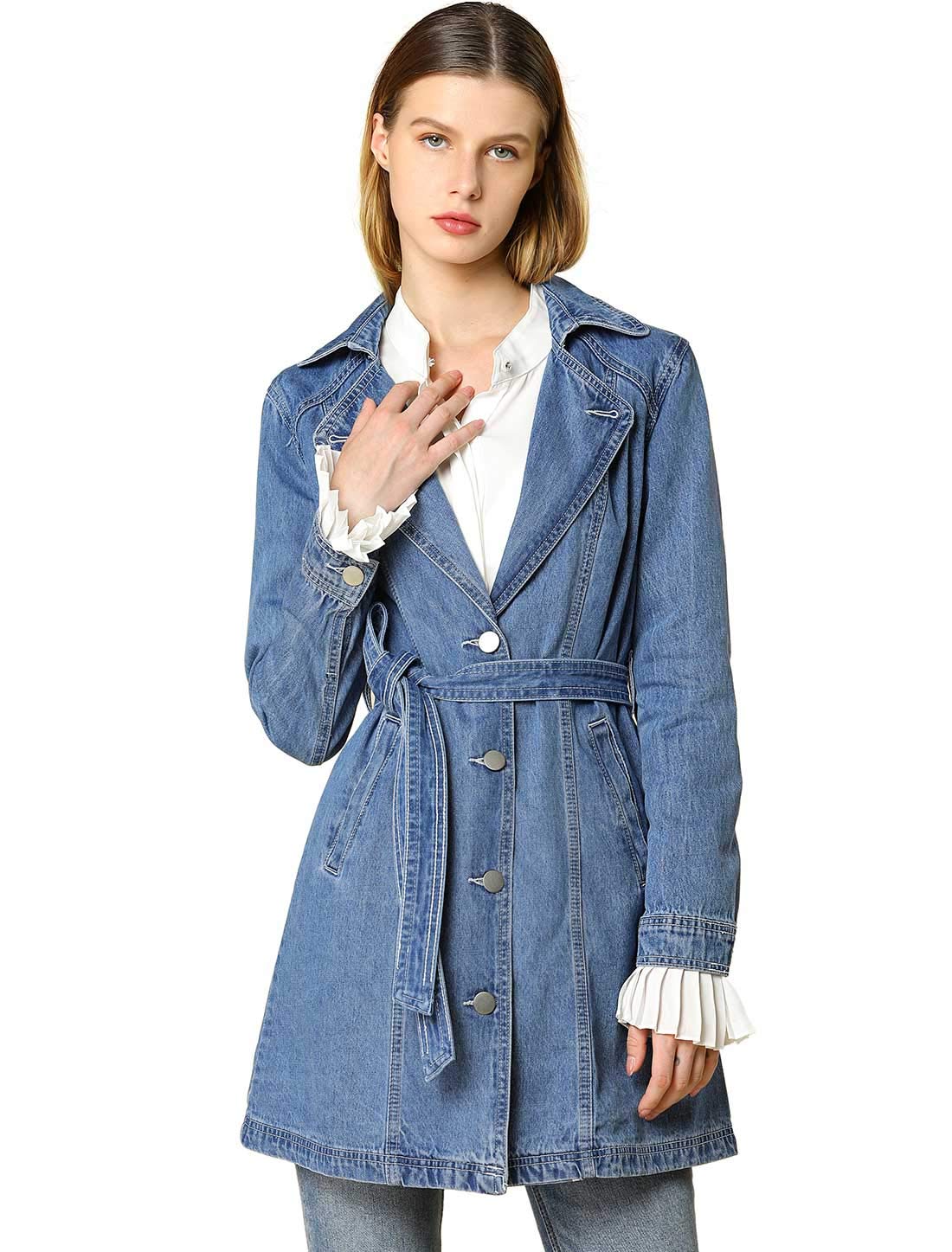 Allegra K Women's Trench Jean Jackets Notched Lapel Long Sleeve Denim Jacket