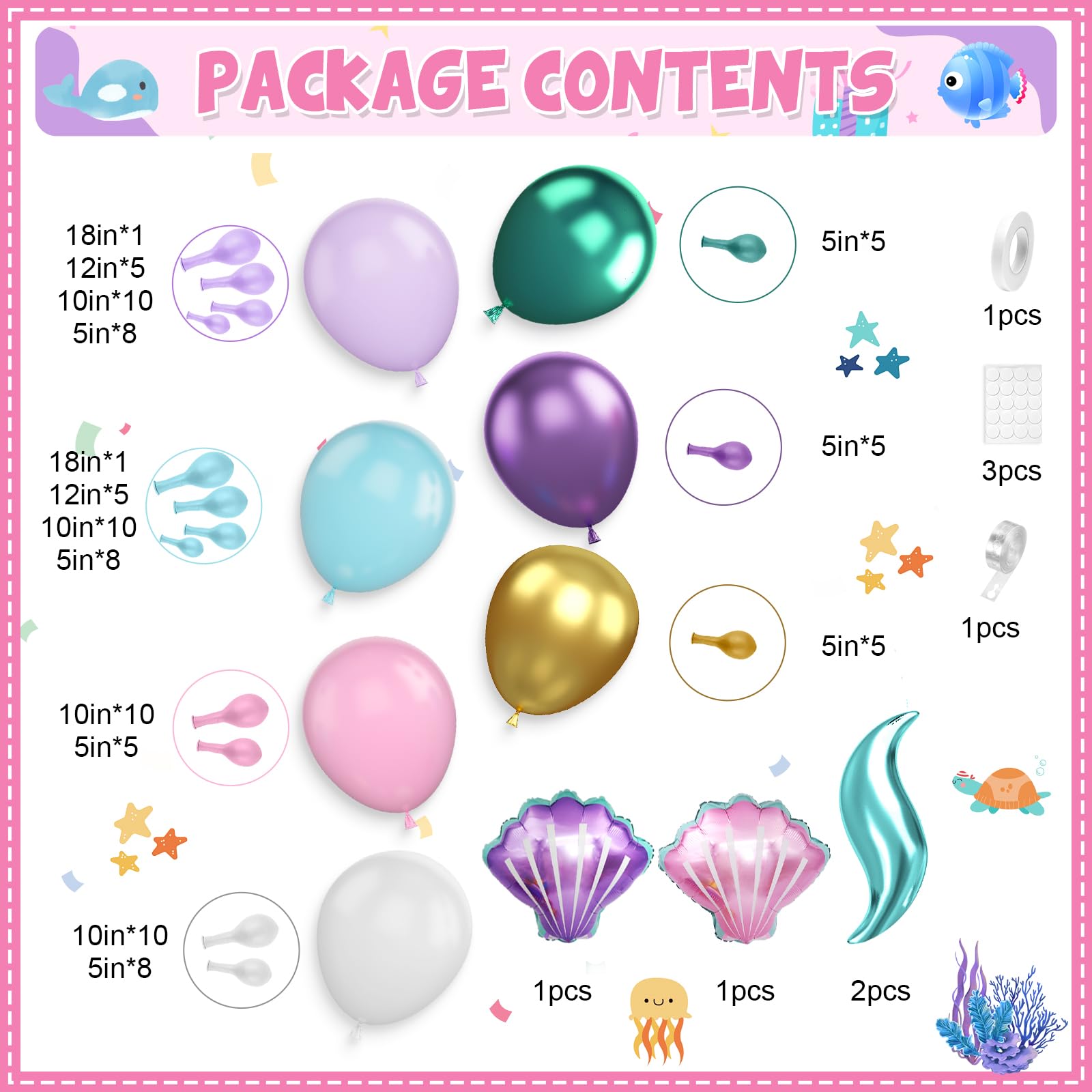 Mermaid Balloon Garland Arch Kit, Pastel Pink Purple Teal Blue Clear Latex Balloons with Mermaid Tail Seashell Foil balloons, for Girls mermaid Party Decorations Ocean Theme Birthday Party Supplies